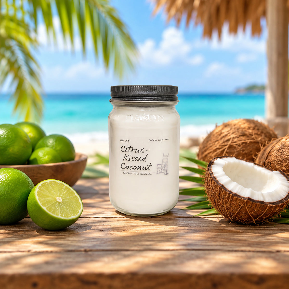 Citrus-Kissed Coconut 16 oz soy candle by Back Porch Candle Co. in a tropical citrus and coconut setting.