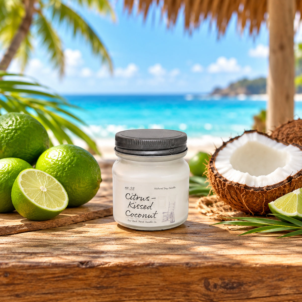 Citrus-Kissed Coconut 8 oz soy candle by Back Porch Candle Co. styled with lime and coconut.
