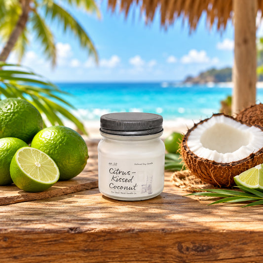 Citrus-Kissed Coconut 8 oz soy candle by Back Porch Candle Co. styled with lime and coconut.