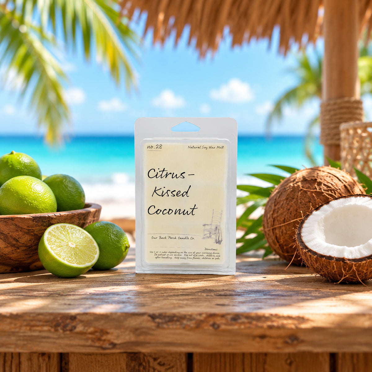 Citrus-Kissed Coconut soy wax melt by Back Porch Candle Co. in a tropical lime and coconut setting.