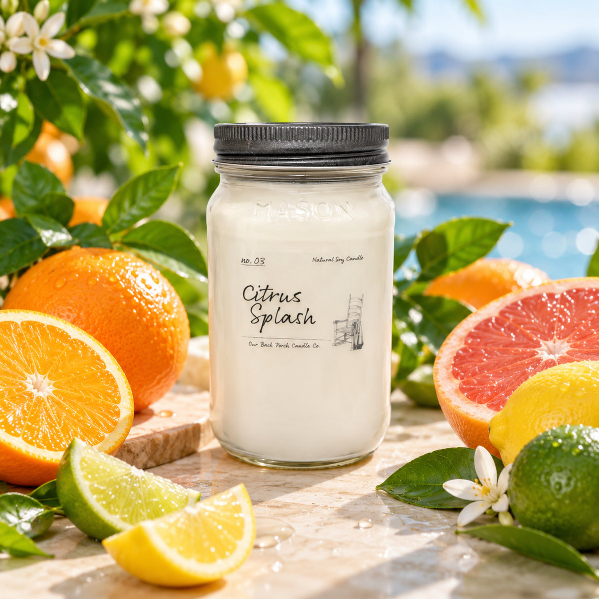 Citrus Splash 16 oz soy candle by Back Porch Candle Co. in a bright citrus-inspired setting.