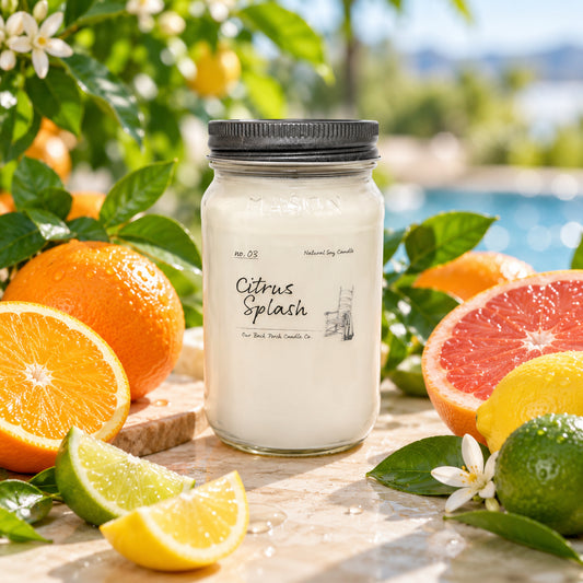 Citrus Splash 16 oz soy candle by Back Porch Candle Co. in a bright citrus-inspired setting.