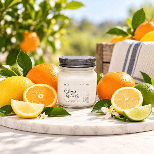 Citrus Splash 8 oz soy candle by Back Porch Candle Co. styled with fresh citrus and greenery.