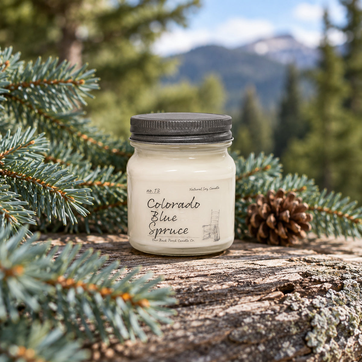 Colorado Blue Spruce 8 oz soy candle by Back Porch Candle Co. styled with blue spruce and mountain scenery.