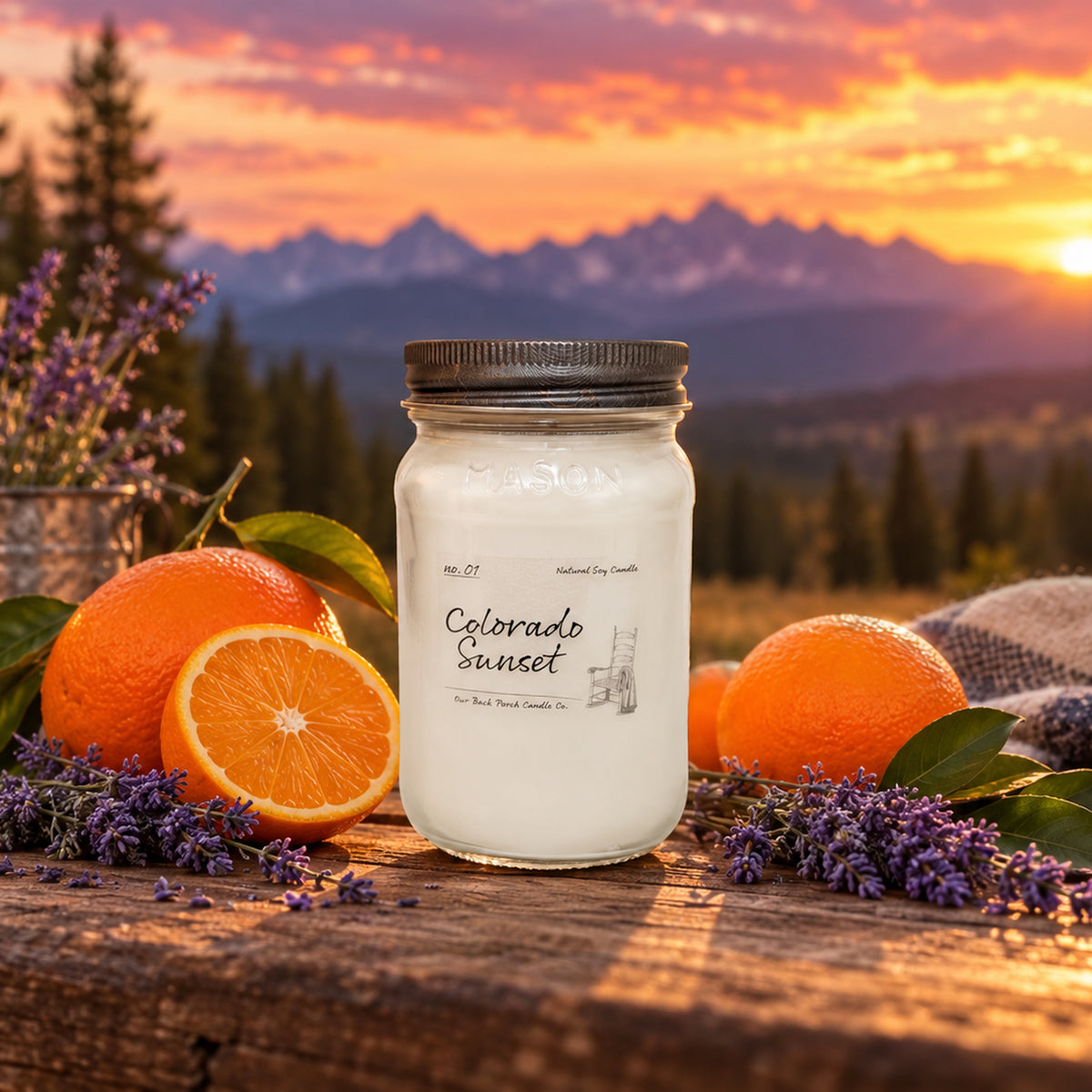 Colorado Sunset 16 oz soy candle by Back Porch Candle Co. in a warm mountain sunset setting.