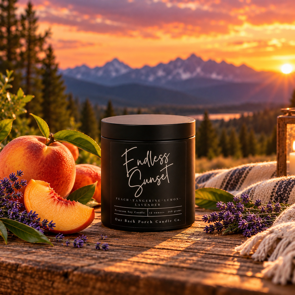 Endless Sunset matte black 16oz soy candle by Back Porch Candle Co., the Black Tin option for Colorado Sunset, styled with fresh peaches and lavender at a glowing Colorado mountain sunset.