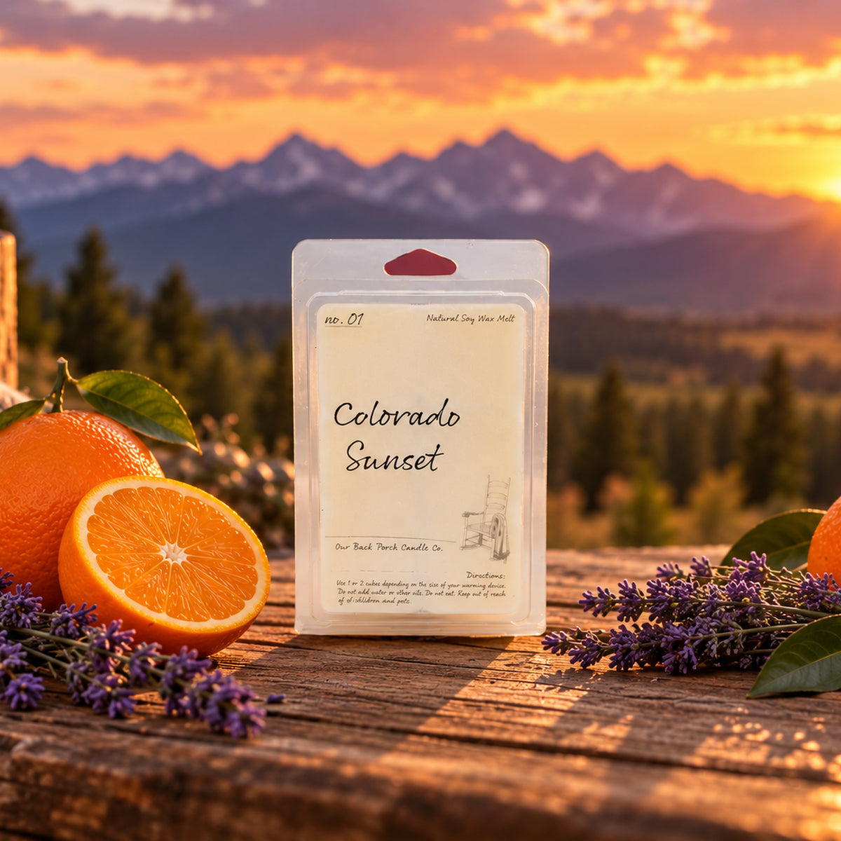 Colorado Sunset soy wax melt by Back Porch Candle Co. in a warm mountain sunset setting.