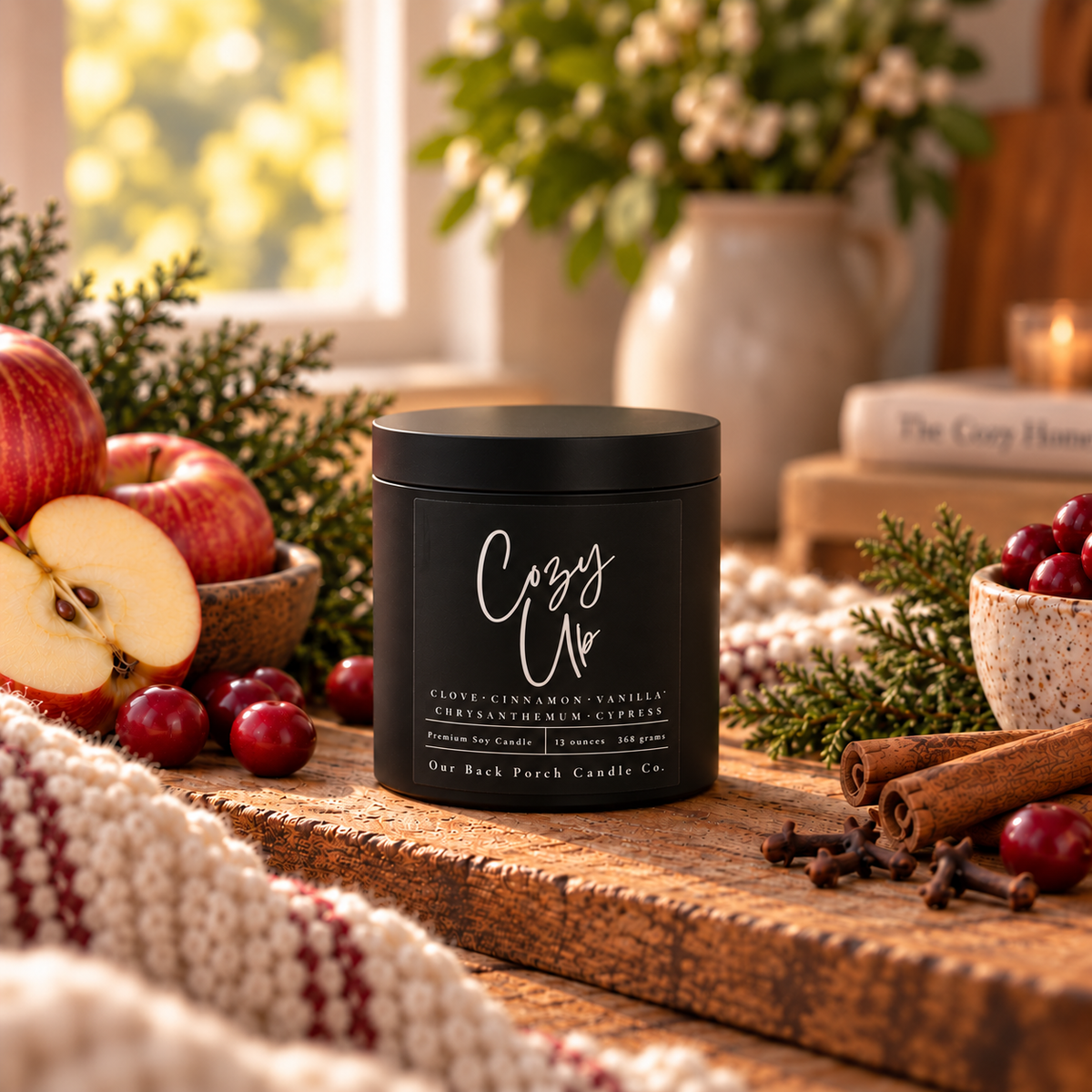 Cozy Up matte black 16oz soy candle by Back Porch Candle Co., styled with apples, cranberries, cinnamon, evergreen sprigs, and a soft knitted blanket in a warm farmhouse setting.