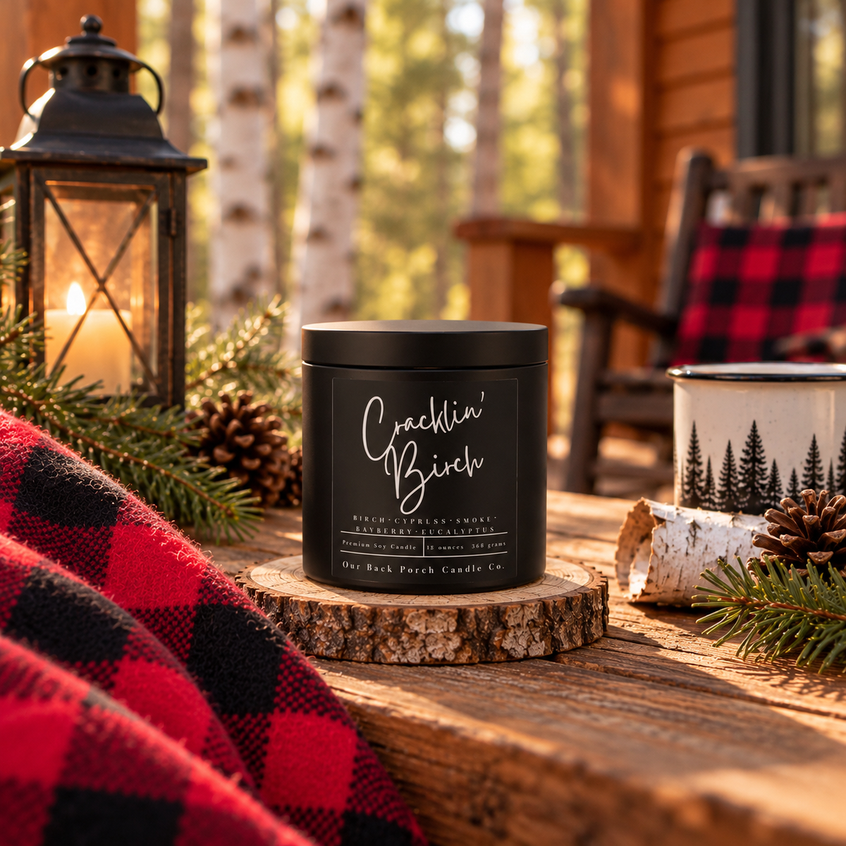Cracklin' Birch matte black 16oz soy candle by Back Porch Candle Co. styled with a lantern, birch logs, evergreens, pinecones, and red plaid on a rustic cabin porch.