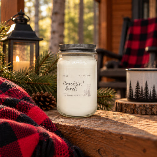 Cracklin' Birch 16 oz soy candle by Back Porch Candle Co. in a rustic birch and evergreen cabin setting.