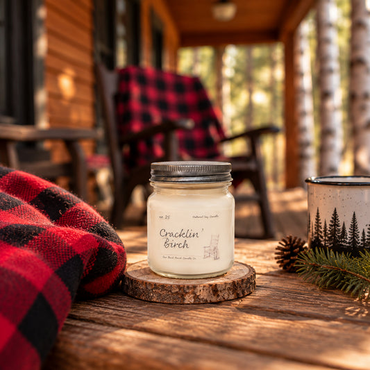 Cracklin' Birch 8 oz soy candle by Back Porch Candle Co. in a cozy woodland porch setting.