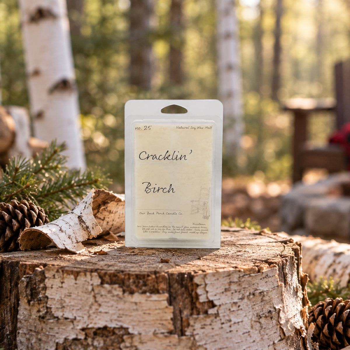 Cracklin' Birch soy wax melt by Back Porch Candle Co. styled with birch, evergreen, and woodland details.