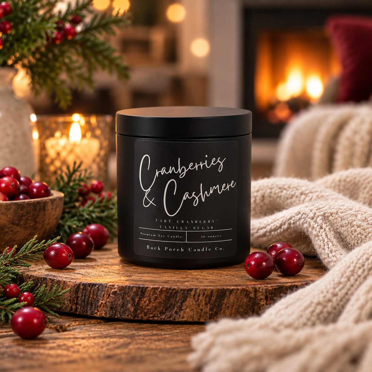 Cranberries & Cashmere matte black 16oz soy candle by Back Porch Candle Co., styled with cranberries, evergreens, a knitted blanket and a glowing fireplace.