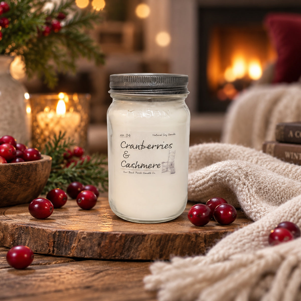 Cranberries & Cashmere 16 oz soy candle by Back Porch Candle Co. styled with tart cranberries, soft cashmere textures, vanilla warmth, and evergreen accents.