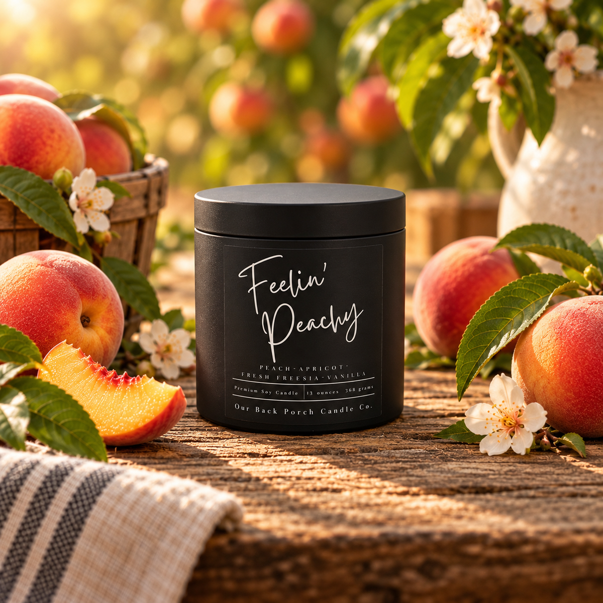 Feelin' Peachy matte black 16oz soy candle by Back Porch Candle Co., styled with ripe peaches and peach blossoms in a sunlit orchard setting.