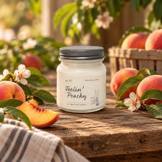 Feelin' Peachy 8 oz soy candle by Back Porch Candle Co. in a bright peach orchard-inspired setting.