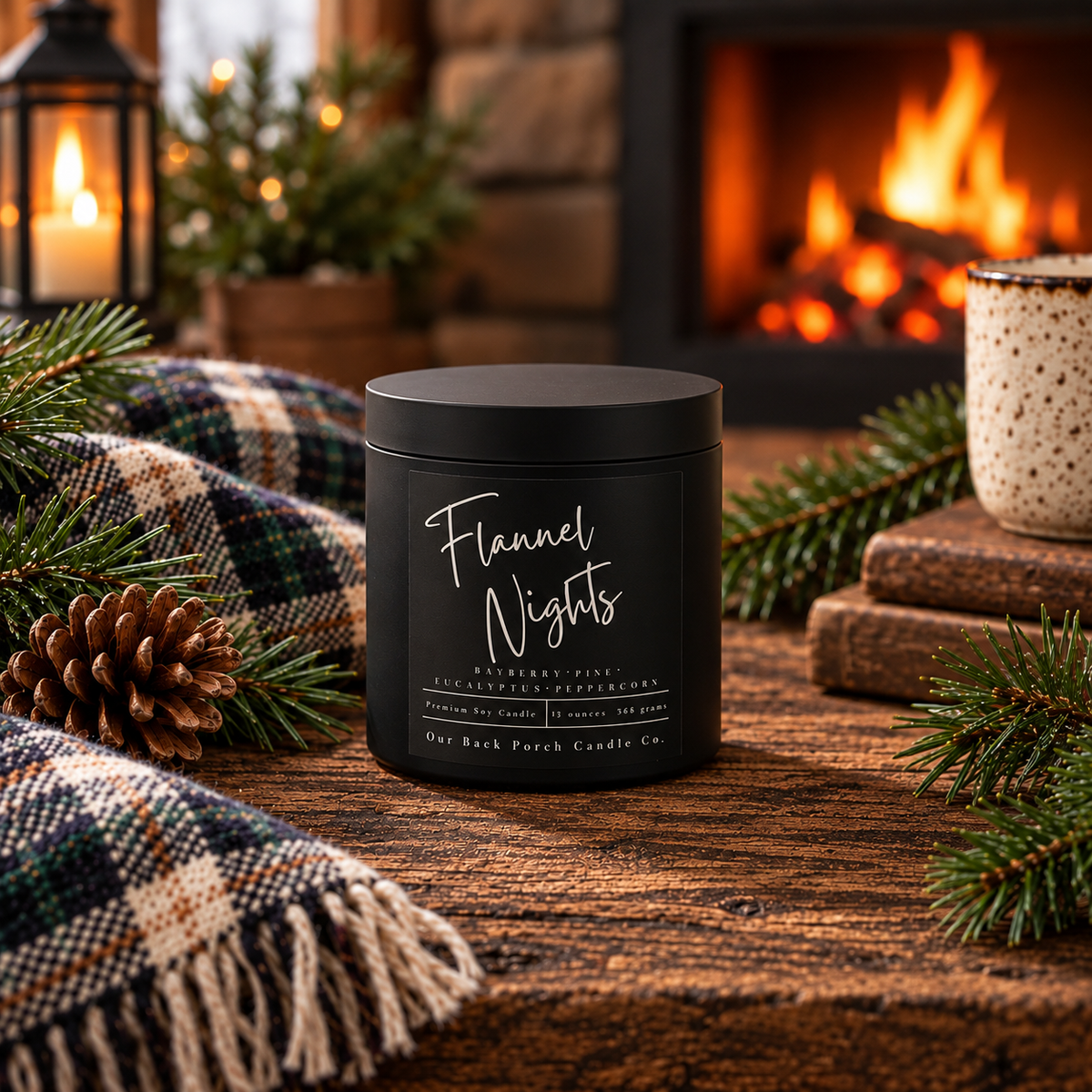 Flannel Nights matte black 16oz soy candle by Back Porch Candle Co., styled with a cozy plaid blanket, pine branches, lantern and warm fireplace.