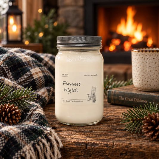 Flannel Nights 16 oz soy candle by Back Porch Candle Co. in a cozy winter cabin setting with pine, plaid, and warm firelight.