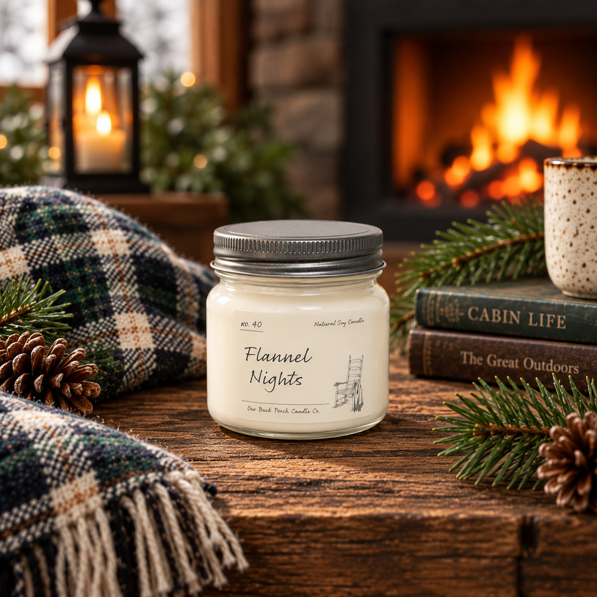 Flannel Nights 8 oz soy candle by Back Porch Candle Co. styled with evergreen, plaid, and warm fireplace light.