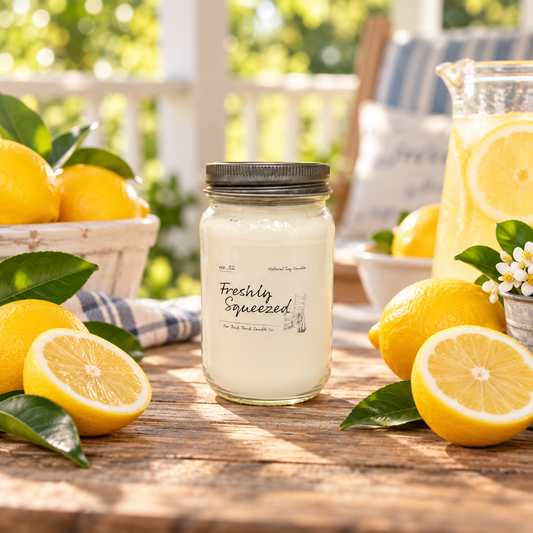Freshly Squeezed 16 oz soy candle by Back Porch Candle Co. styled with bright lemons and warm summer light.