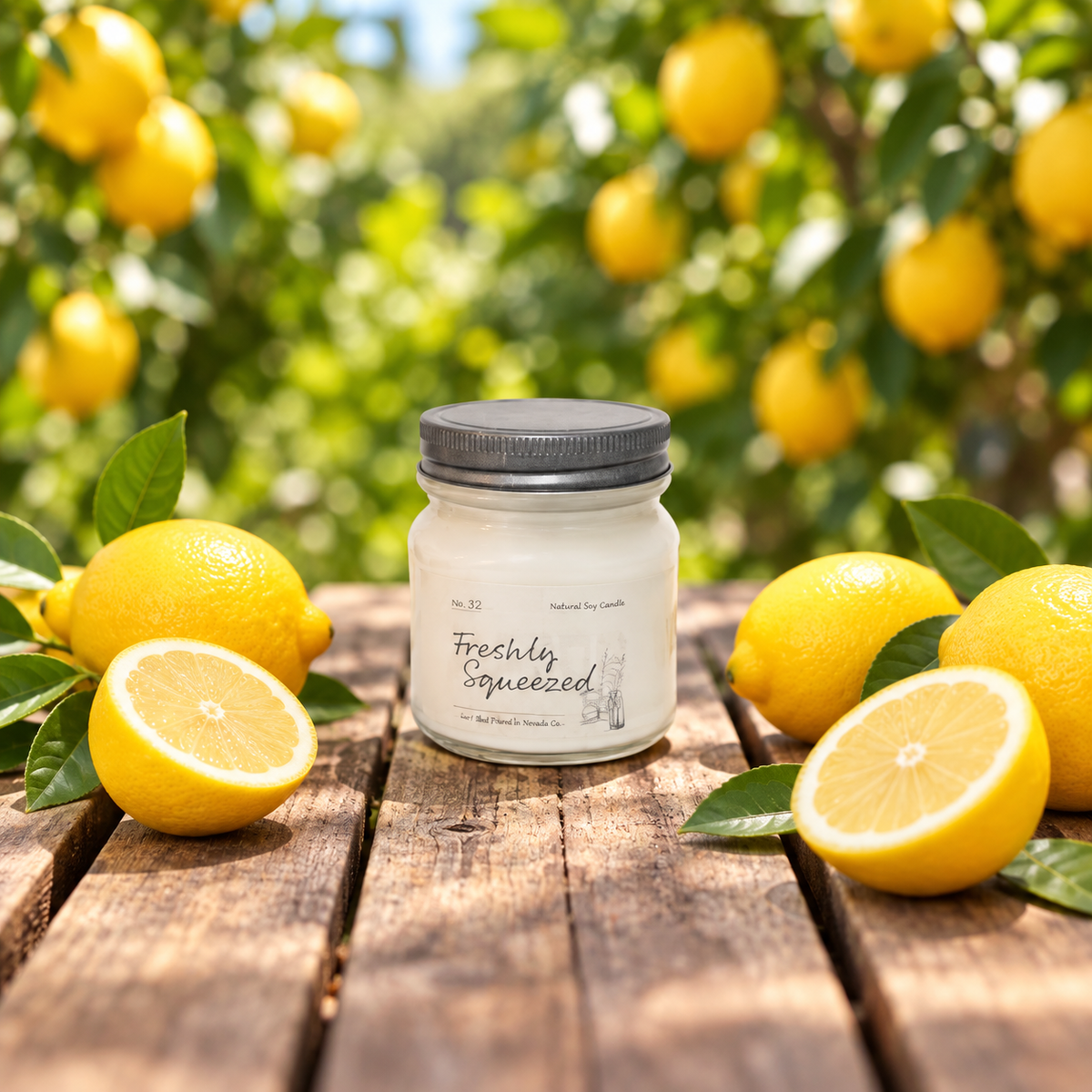 Freshly Squeezed 8 oz soy candle by Back Porch Candle Co. in a sunny lemon grove setting.