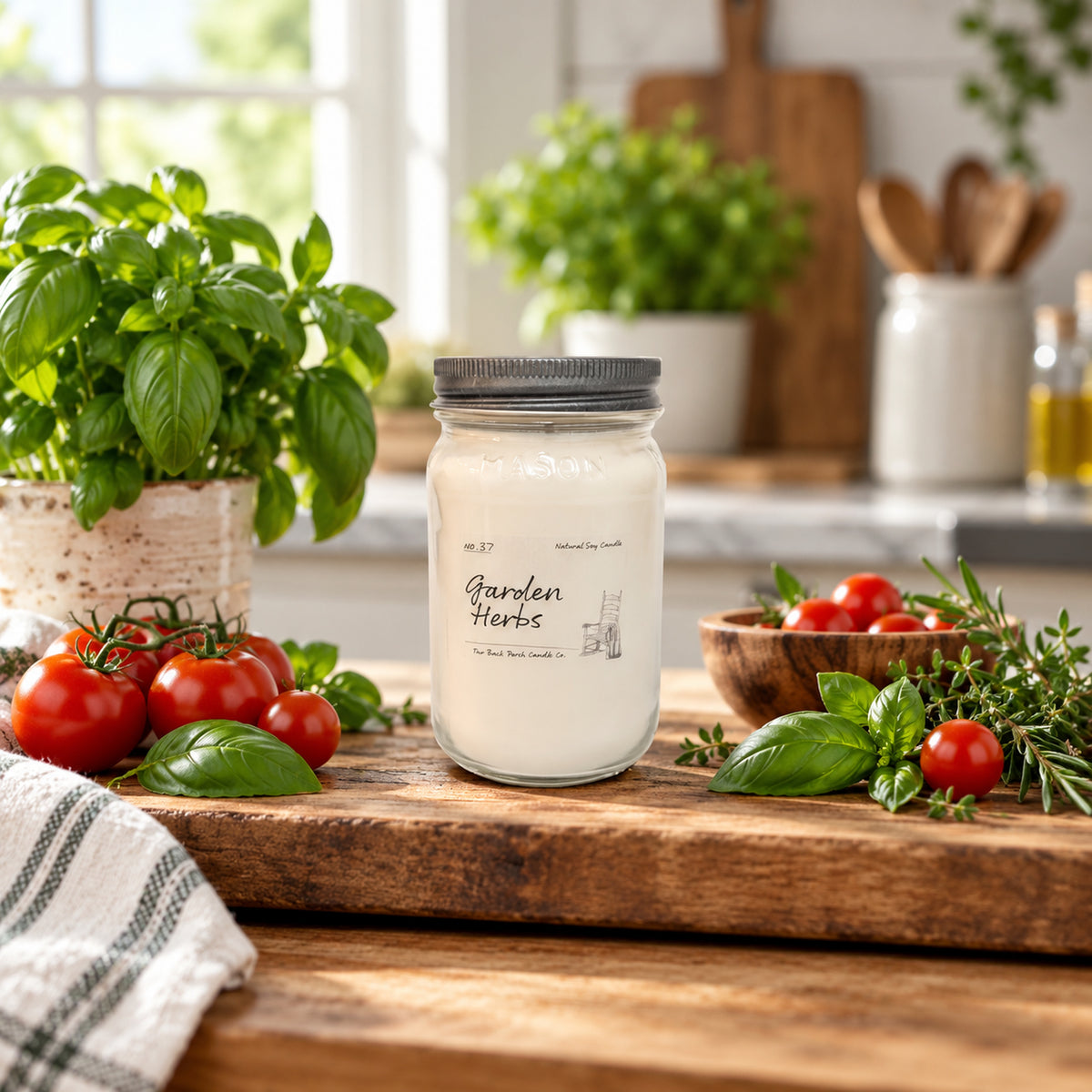 Garden Herbs 16 oz soy candle by Back Porch Candle Co. styled with fresh basil, tomatoes, and bright natural kitchen light.