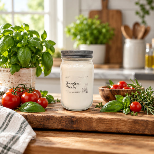 Garden Herbs 16 oz soy candle by Back Porch Candle Co. styled with fresh basil, tomatoes, and bright natural kitchen light.