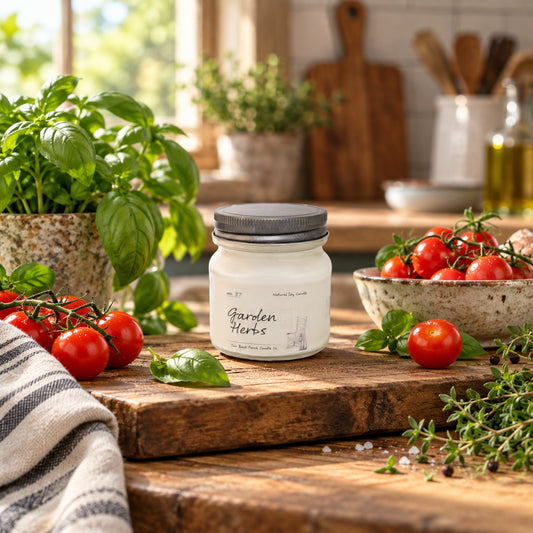 Garden Herbs 8 oz soy candle by Back Porch Candle Co. styled with basil, tomatoes, and warm farmhouse kitchen light.