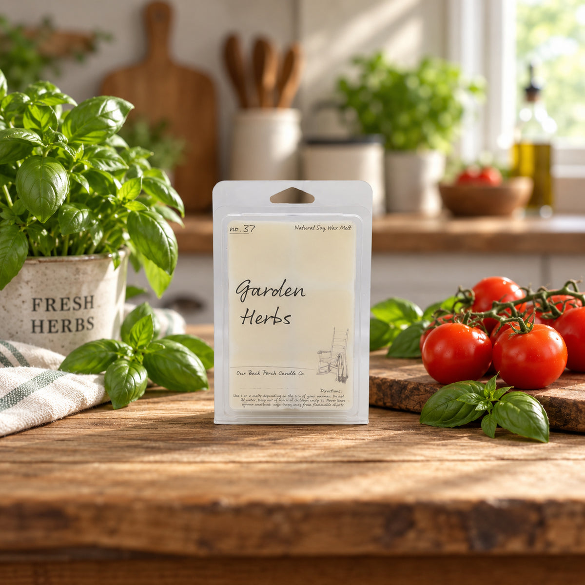 Garden Herbs soy wax melt by Back Porch Candle Co. styled with fresh basil, tomatoes, and natural kitchen light.