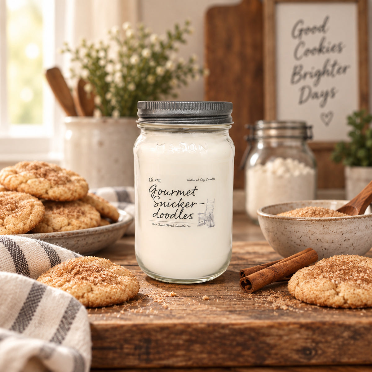 Gourmet Snickerdoodles 16 oz soy candle by Back Porch Candle Co. styled with warm sugar, cinnamon, and fresh-baked cookies.