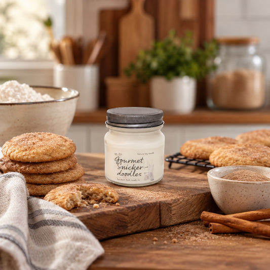 Gourmet Snickerdoodles 8 oz soy candle by Back Porch Candle Co. in a cozy bakery-inspired setting.