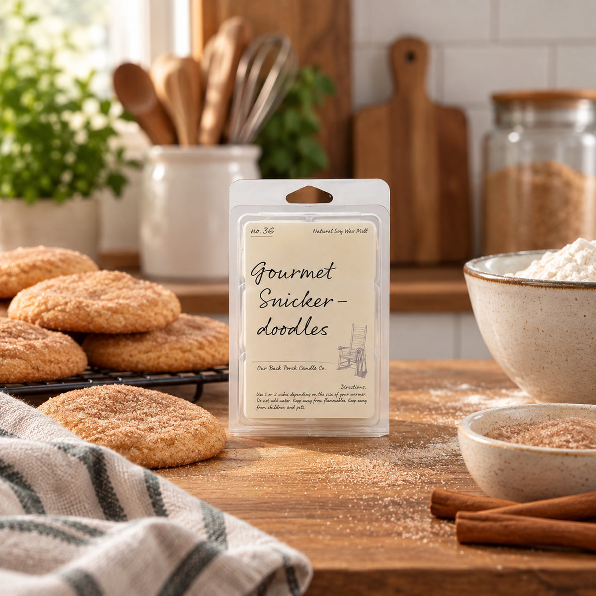 Gourmet Snickerdoodles soy wax melt by Back Porch Candle Co. styled with cinnamon sugar and fresh-baked cookies.