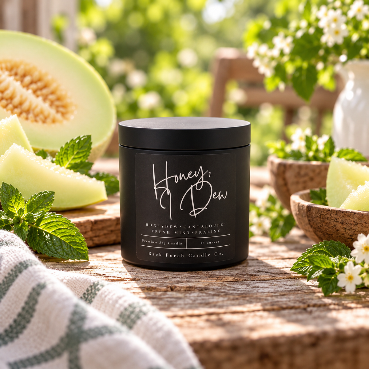 Honey, I Dew matte black 16oz soy candle by Back Porch Candle Co., styled with sliced honeydew melon, fresh mint and white garden flowers in natural sunlight.