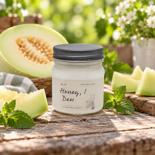 Honey, I Dew 8 oz soy candle by Back Porch Candle Co. styled with honeydew, mint, and bright natural light.