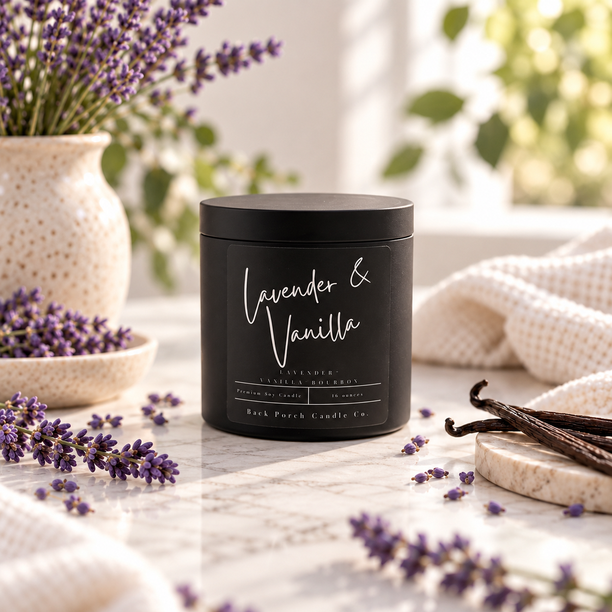 Lavender & Vanilla matte black 16oz soy candle by Back Porch Candle Co. styled with lavender sprigs, vanilla beans and soft cream textiles in natural light.