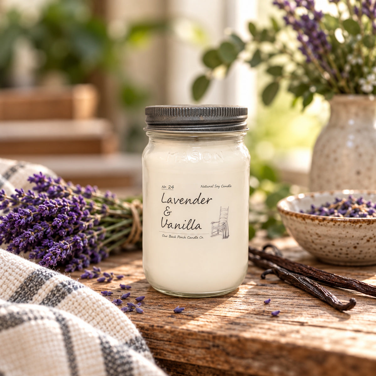 Lavender & Vanilla 16 oz soy candle by Back Porch Candle Co. styled with lavender, vanilla beans, and warm natural light.