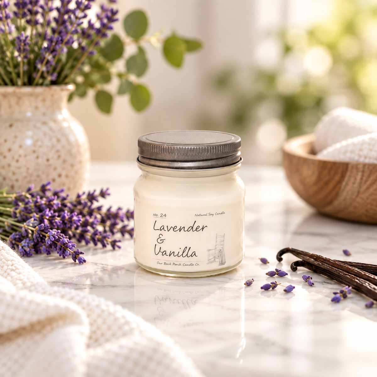 Lavender & Vanilla 8 oz soy candle by Back Porch Candle Co. styled with lavender, vanilla beans, and soft natural light.