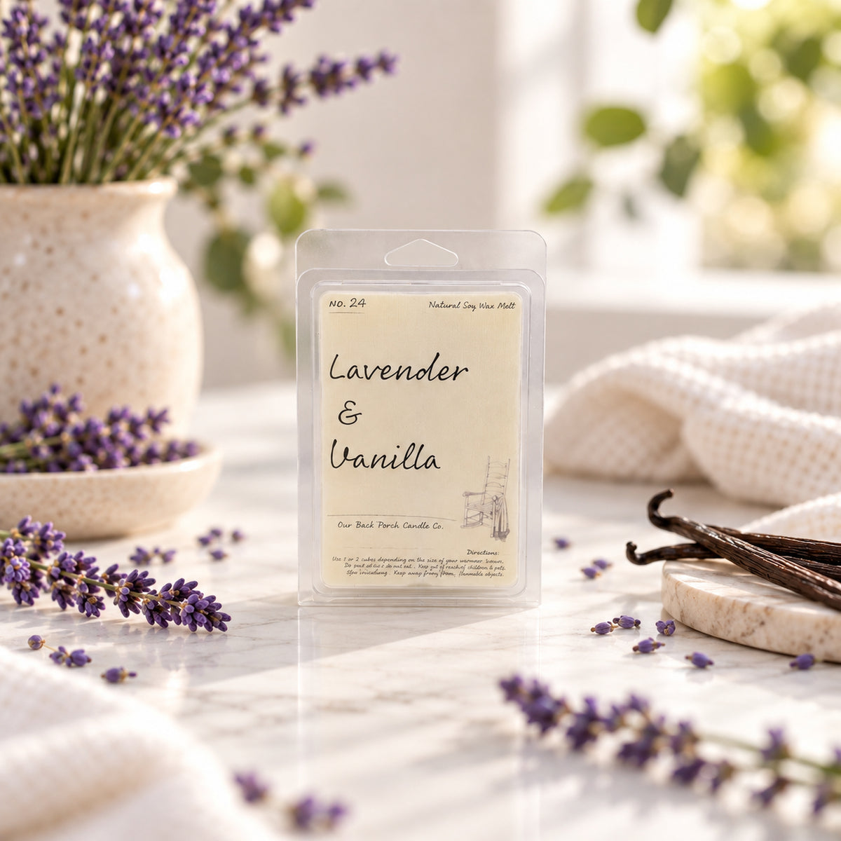 Lavender & Vanilla soy wax melt by Back Porch Candle Co. styled with lavender and vanilla in soft natural light.