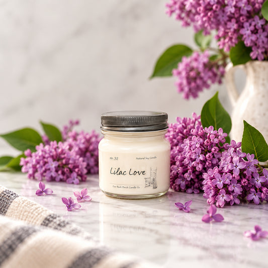 Lilac Love 8 oz soy candle by Back Porch Candle Co. styled with lilac blossoms and soft floral light.
