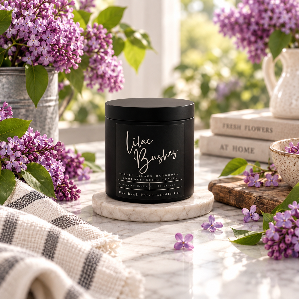 Lilac Bushes matte black 16oz soy candle by Back Porch Candle Co., the Black Tin option for Lilac Love, with spring lilacs, greenery and a soft linen blanket in a bright floral setting.