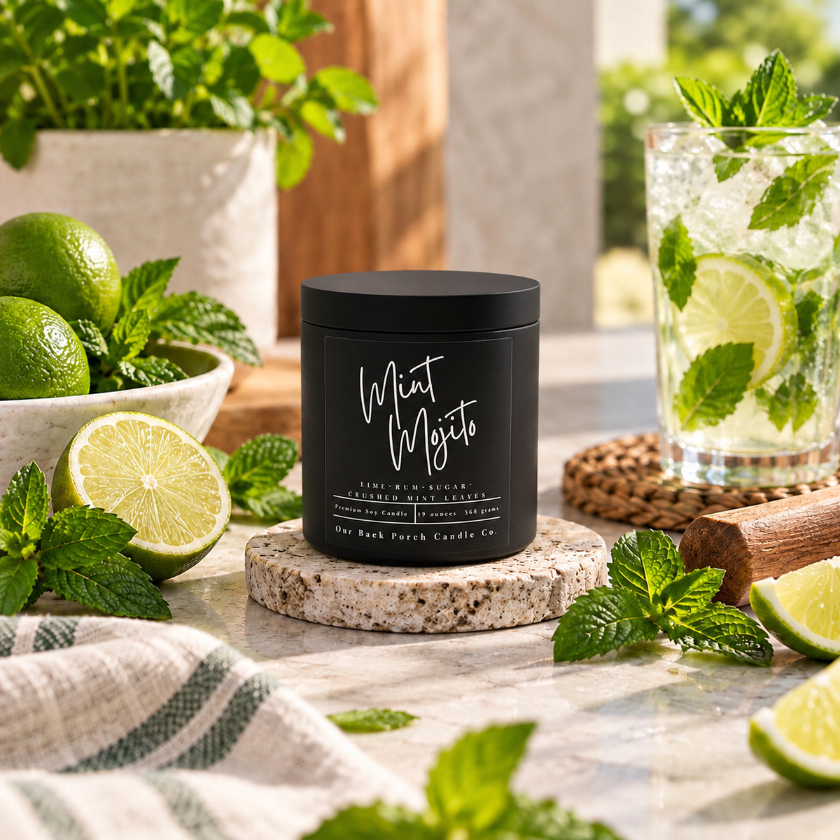 Mint Mojito matte black 16oz soy candle by Back Porch Candle Co. styled with fresh limes, mint leaves, and an iced mojito-inspired drink in sunny natural light.