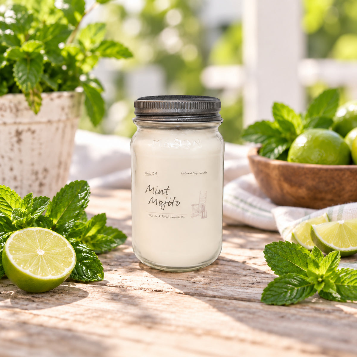 Mint Mojito 16 oz soy candle by Back Porch Candle Co. styled with lime, fresh mint, and bright summer light.