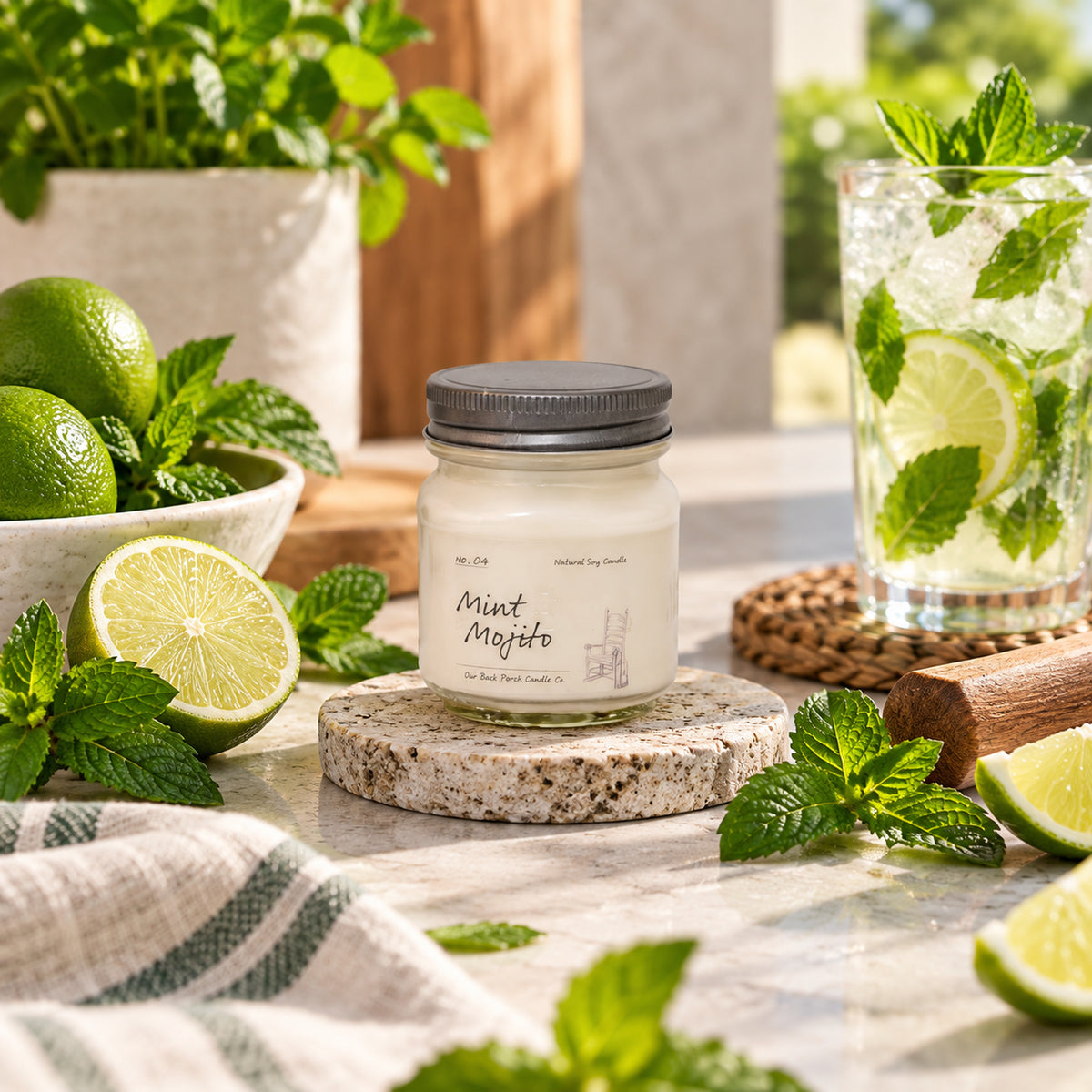 Mint Mojito 8 oz soy candle by Back Porch Candle Co. styled with lime, fresh mint, and bright natural light.