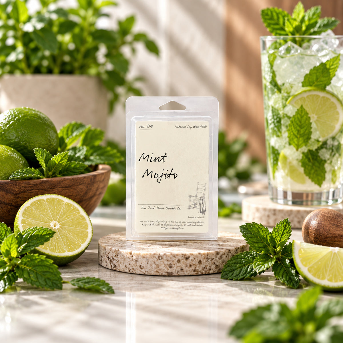 Mint Mojito soy wax melt by Back Porch Candle Co. styled with lime, mint, and a fresh summer mojito scene.