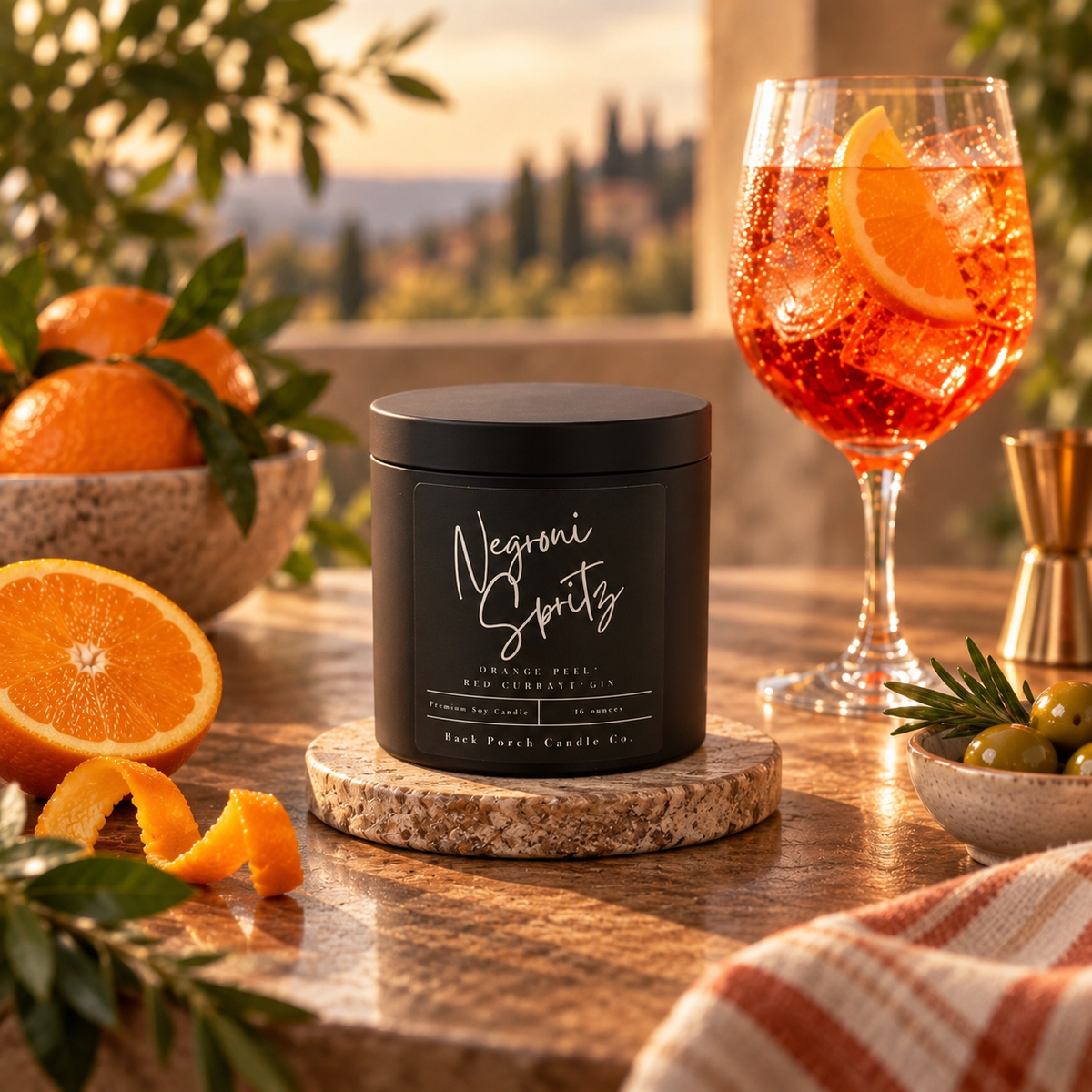Negroni Spritz matte black 16oz soy candle by Back Porch Candle Co. with orange spritz cocktail, fresh oranges and warm golden-hour light.