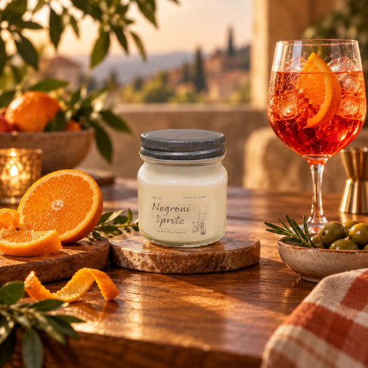 Negroni Spritz 16 oz soy candle by Back Porch Candle Co. styled with orange, champagne-inspired cocktail notes, and warm golden light.