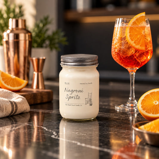 Negroni Spritz 8 oz soy candle by Back Porch Candle Co. styled with citrus and an elegant spritz cocktail scene.
