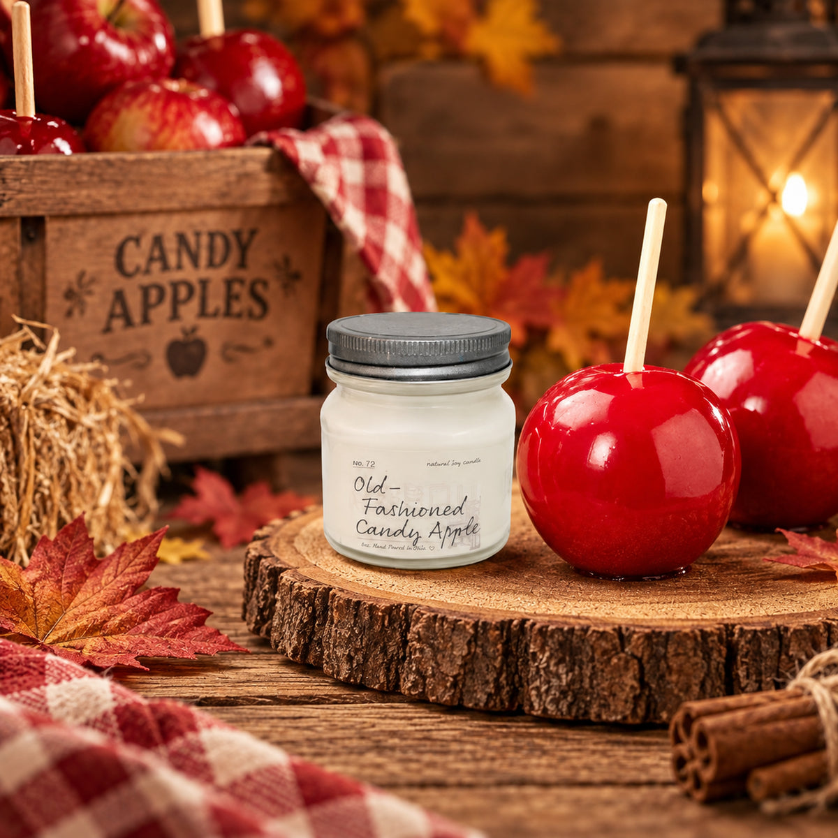 Old-Fashioned Candy Apple 8 oz soy candle by Back Porch Candle Co. in a cozy fall candy apple setting.