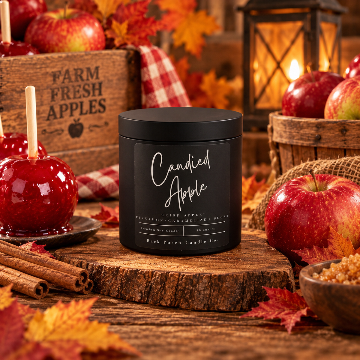 Candied Apple matte black 16oz soy candle by Back Porch Candle Co., styled with red candy apples, cinnamon sticks, autumn leaves and rustic fall decor.