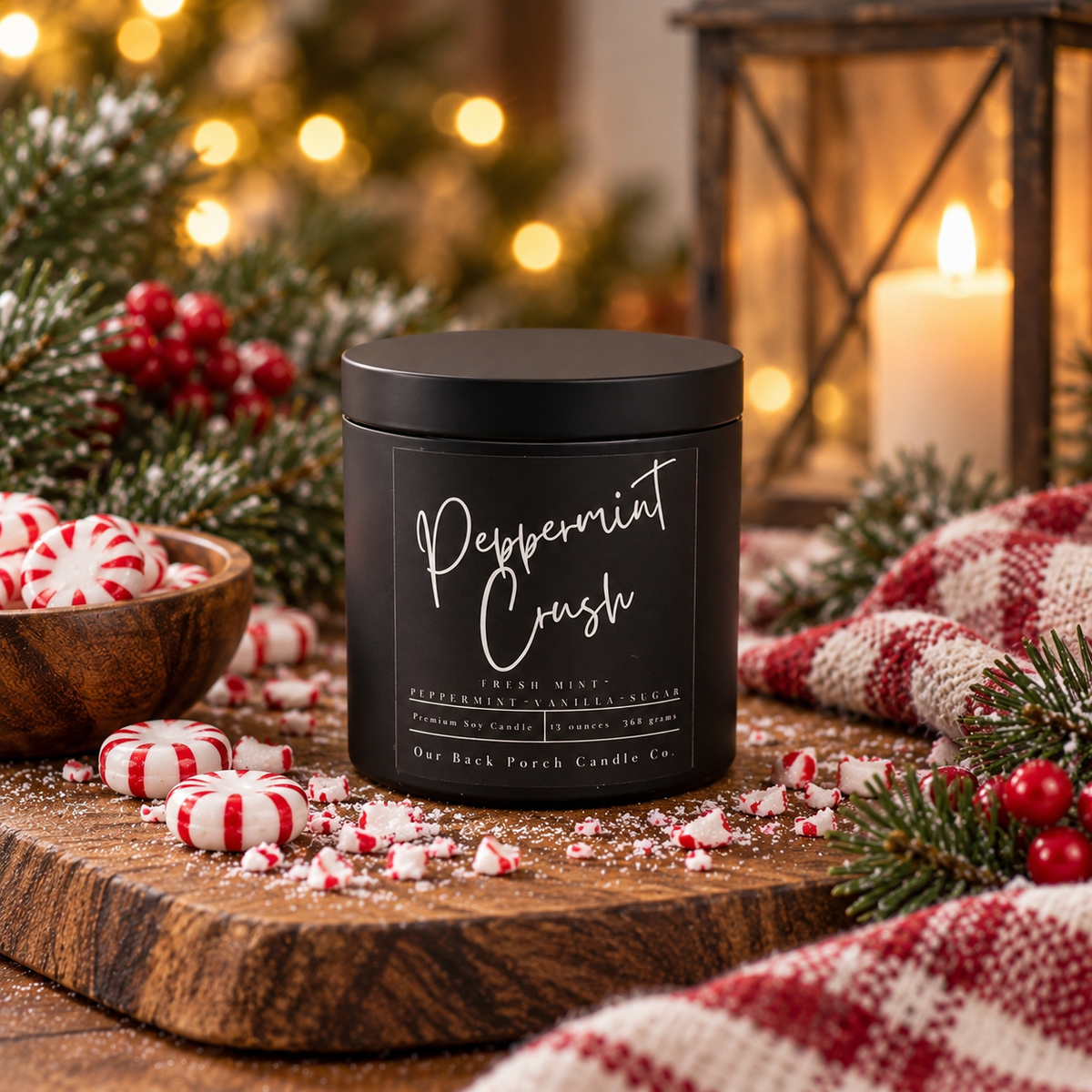 Peppermint Crush matte black 16oz soy candle by Back Porch Candle Co. surrounded by peppermint candies, evergreen branches, red berries and warm holiday lantern light.